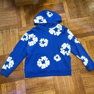 Blue Hoodie with White Floral Patterns